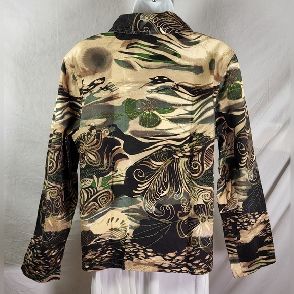 LIFE STYLE Tan and Green Embellished Jungle Floral Denim Shirt Jacket - Size XL - Picture 2 of 4